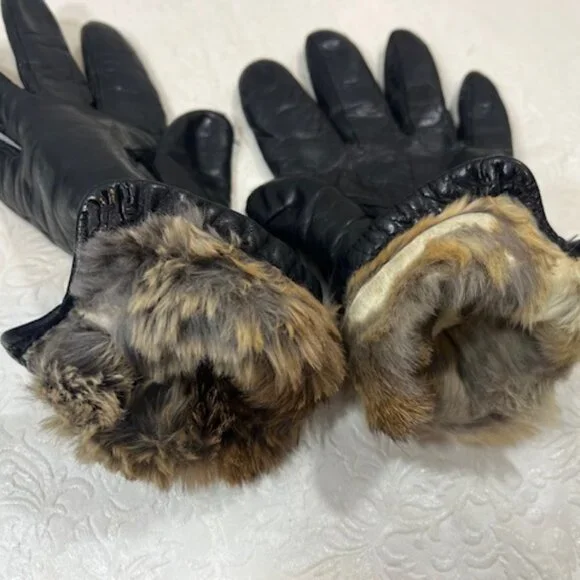 VTG Real Fur Lined Soft Leather Gloves Black Size: Sm-Med